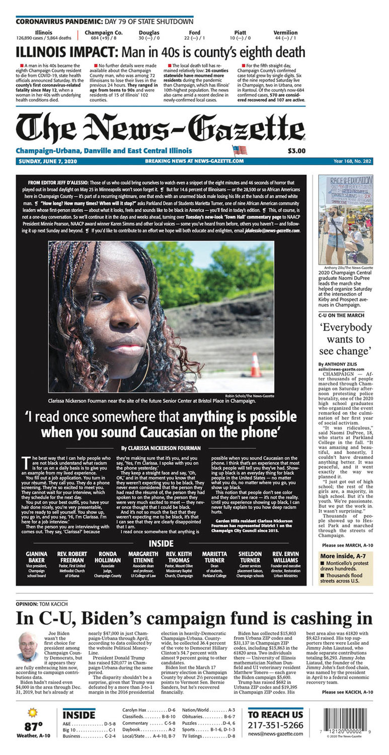 Personal essays from the “Being Black in America” series were printed on the front page of the News-Gazette.